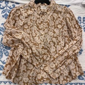 THE GREAT. Floral Oat Button Down Tie Waist Shirt